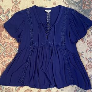 Umgee Deep Blue Lace-Up Blouse